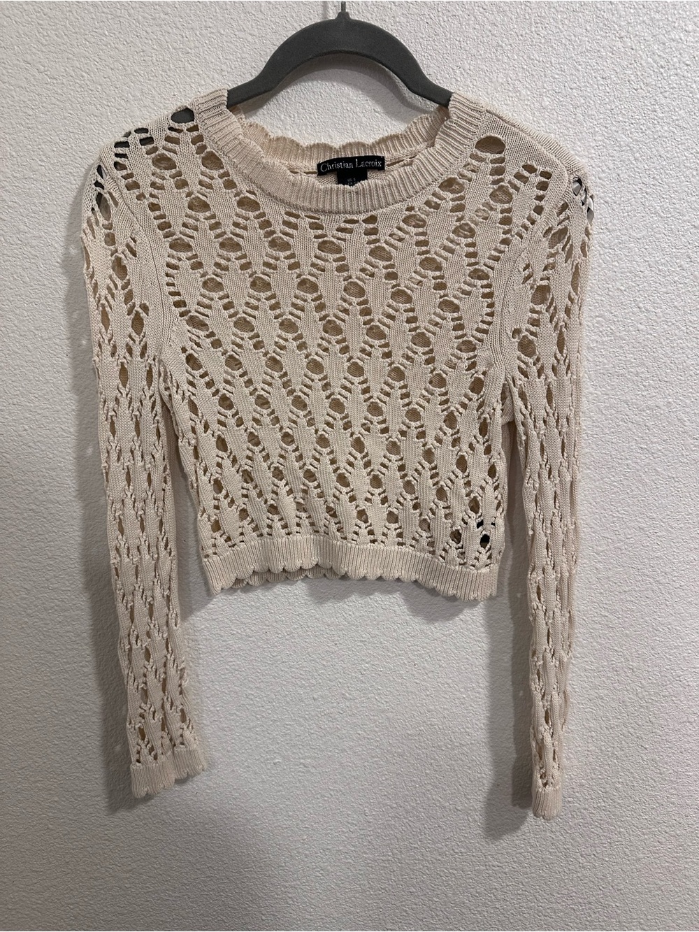 Christina Cream Open-Weave Cropped Crewneck Sweater